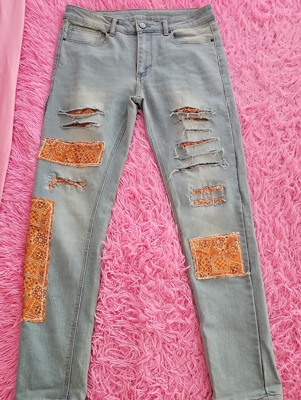 Women’s Distressed Patchwork Jeans - Gray with Orange Bandana Patches